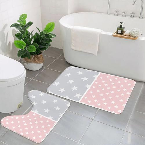 AELKSP Badezimmerteppich Set 2 Teilig,Weiße Grunge-Sterne isoliert auf einem hellgrauen und Hellrosa Hgrund.,rutschfest Waschbar Badvorleger Set,Saugfähig Badematte Badteppich Set mit