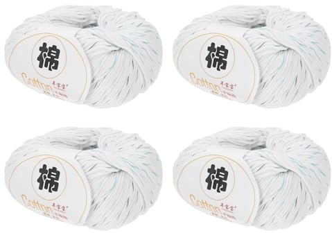 Rebower Cotton Yarn,100% Cotton Soft Knitting Yarn [for Hand DIY Bag Cushion Crocheting Knitting Project Home Decor] -4 Packages of 200g/7.05oz(Per Skein 50g/137yards)/White/Blue