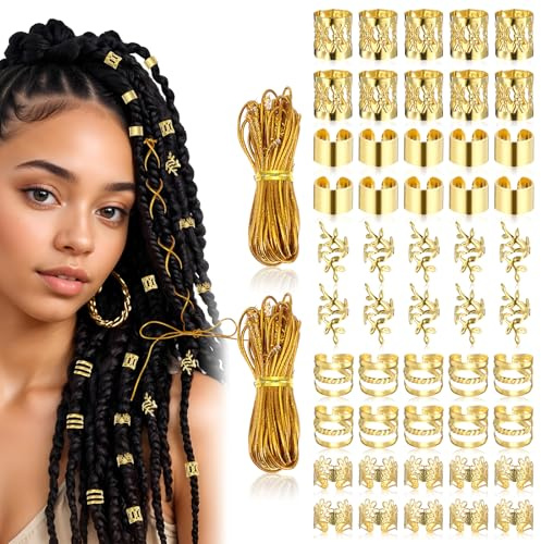 Tyqour Gold-Haarschmuck für Zöpfe, Loc Schmuck für Haar, 50 Stück Haarschmuck Gold mit 2rollen Metallische Elastische Kordeln, Haarschmuck für Dreadlocks für Männer Frauen Mädchen und Jungen Zöpfe