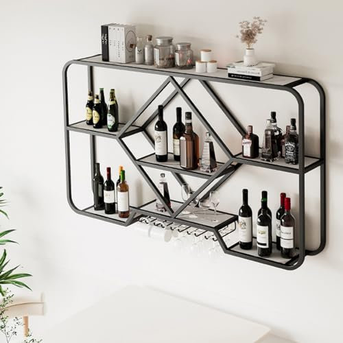 Estante de vino montado en la pared para almacenamiento elegante en el hogar, bar, estante de exhibición negro para botellas de vino y copas