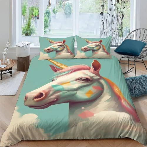 Bettwäsche Set, Tierisches Einhorn Bettwäsche Set, 200X200 cm Microfaser Bettwäsche Warme& Atmungsaktive Bettbezüge Mit Reißverschluss Und 2 Mal 80X80Cm Kissenbezug - -9788691227587170000