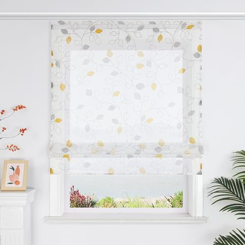 SCHOAL Raffrollo mit Klettband Transparente Rollo Raffgardine mit Blätter Voile Vorhang Landhaus Gardine für Küche Fenster 1 Stück BxH 140x140 cm Gelb