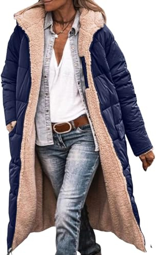 Lång Pufferjacka Dam Luva Vändbar Fleece Dunjacka Oversized Långärmad Luva Varma Vinterrockar(Navy Blue,XXL)