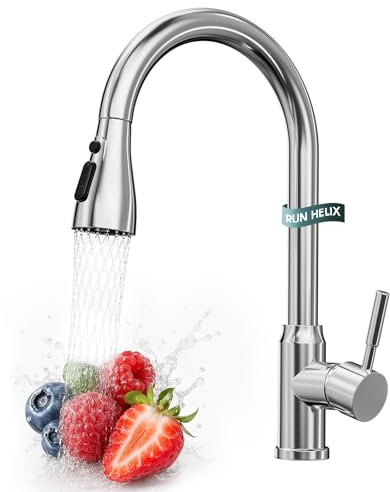 RUN HELIX Kitchen Tap - 3 Function Spray Head with Pull Out Spray, Kitchen Mixer Tap 360° Swivel & High Arc Design, Stainless Steel Faucet, Easy to Install, Polished Chrome