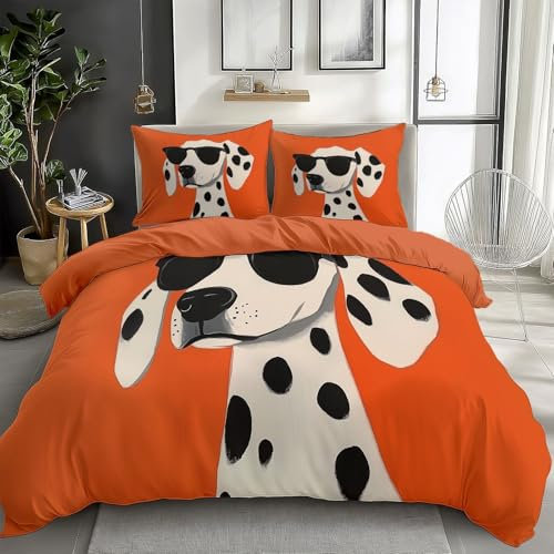 Bettwäsche Set Haustier Cartoon Dalmatiner Orange Farbe,Weich Und Angenehm Bügelfrei & Knitterfrei Bettbezug Set Mit 80X80 cm Kissenbezug 3Er Set Bettwasche Mit Reißverschluss 220 cm X 240 cm