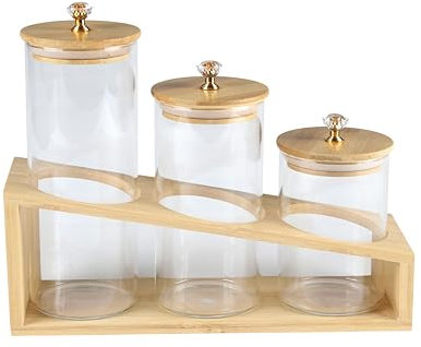 Gzsekken 3 Pack Biscuit Tin, Cookie Snack Jar with Lid & Wooden Shelf, Glass Food Storage Containers for Biscuits Snack Tin Canister Countertop, Dry Food Storage Jar for Nuts,Cookie,Candy