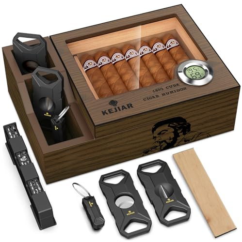 KEJIAR Cigar Humidor Box Portable Cigar Travel Case mit Zigarrenzubehör, Zigarrenhalter Etui mit Zigarre V Cutter, Zigarrenschneider Guillotine, Zigarrenstanze, Feuchtigkeitspaket