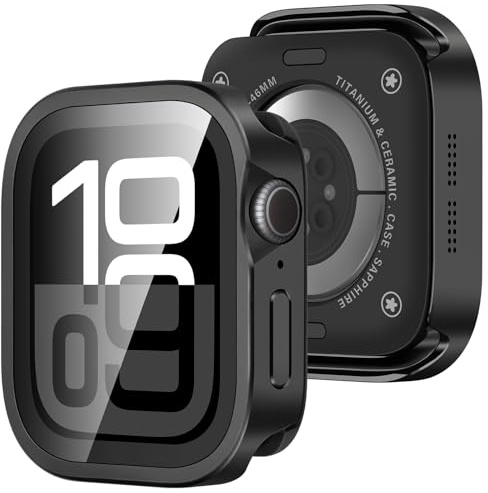Amizee Metal Case Compatible with Apple Watch 46mm Series 11/10 Case with Built-in Screen Protector, Straight Edge Ultra Thin with Back Cover Protective Cover for iWatch 46mm, Black