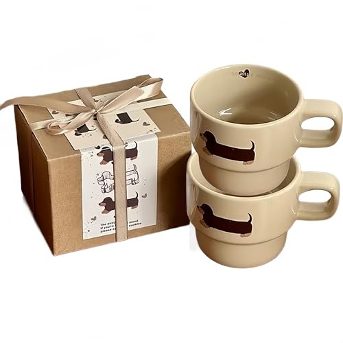 2 piezas de taza de cerámica con temática de dachshund juguetona - 280ml gran taza de café, regalo para amantes de perros para cumpleaños, aniversarios o uso diario (duradera y apta para lavavajillas