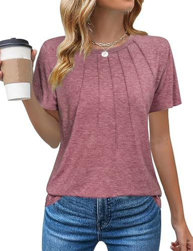 Gyabnw t-shirt damer sommar elegant rund hals topp kortärmade toppar bomull ledig pleated blus damer sommarskjorta, ROSA, XXL
