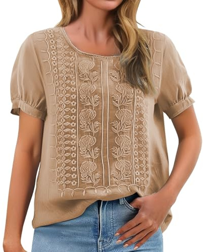 Camicia da donna con ricamo, elegante, a maniche corte, in cotone, con ricamo floreale, vintage, a maniche corte, a maniche corte