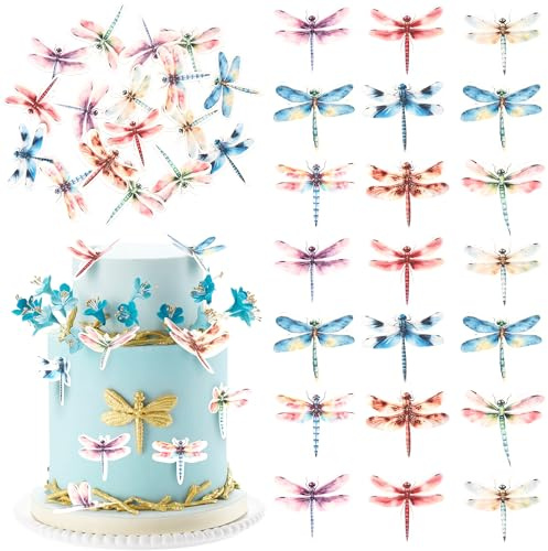 Xsstarmi 60 Pack Insect Dragonfly Edible Cake Toppers Rice Paper Insect Themed Birthday Cupcake Picks for Baby Shower Birthday Wedding Anniversary Party Cake Decorations