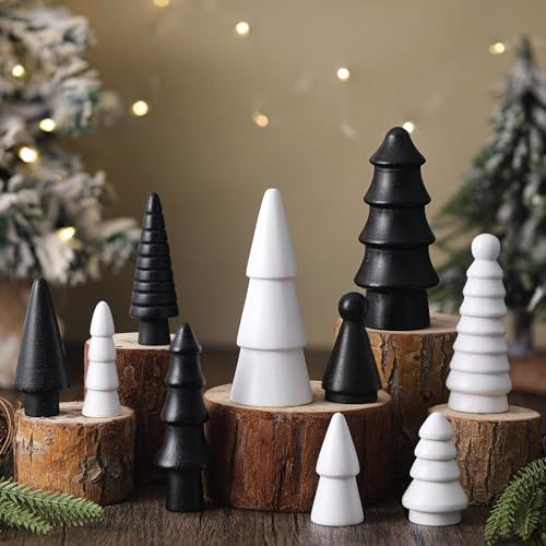 Roowest Mini-Weihnachtsbaum aus Holz, klein, neutraler Weihnachtsbaum, Tischdekoration, rustikal, modern, Tischdekoration für Zuhause, Schränke, Kaminsims, Regal, Büro (schwarz und weiß), 10 Stück