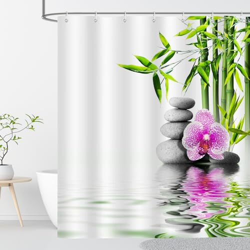 OCEUMACO Zen Duschvorhang 240x200 Anti-Schimmel Wasserdicht Textil Shower Curtains Orchidee Bambus Duschvorhänge Badewanne Extra Breit Waschbar Stoff Bad Vorhang mit Haken - Grün Weiß 1