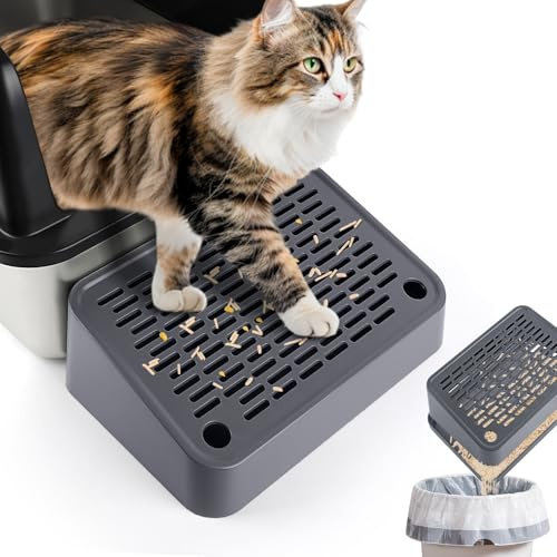 Kalolary Rampa Lettiera per Gatti, Sgabello a Pedale con Funzione Filtro Facile da Pulire per Animali Domestici con Gradino Anteriore per Lettiera per Gattini Gatti Piccoli e Anziani (Grigio Scuro)