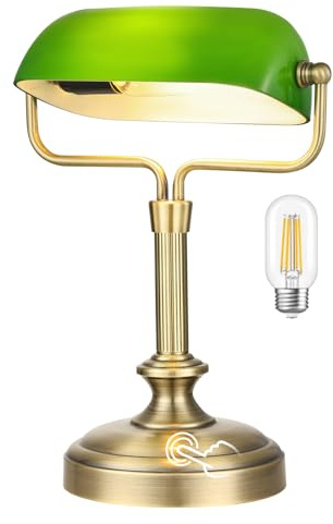 LOFOB Green Glass Banker's Desk Lamp,3-Way Dimmable Touch Control, 6W LED Bulb Included, Antique Brass Finish