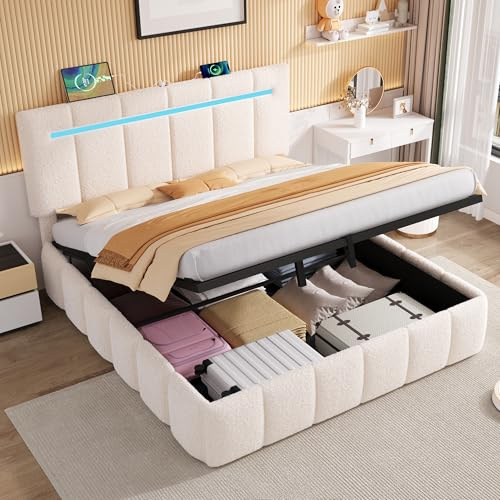 EINHOM Double Ottoman Bed Frame with Hydraulic Storage, 4ft6 Boucle Upholstered Bed with LED-Channel Tufted Adjustable Headboard & Charging Station, USB&Type-C Ports, 135×190 cm, Beige (No Mattress)
