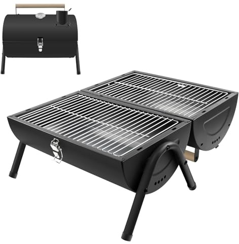Barbecue Charbon portable 2 en 1 noir - avec Thermomètre, robuste et facile à transporter pour jardin balcon voyage camping