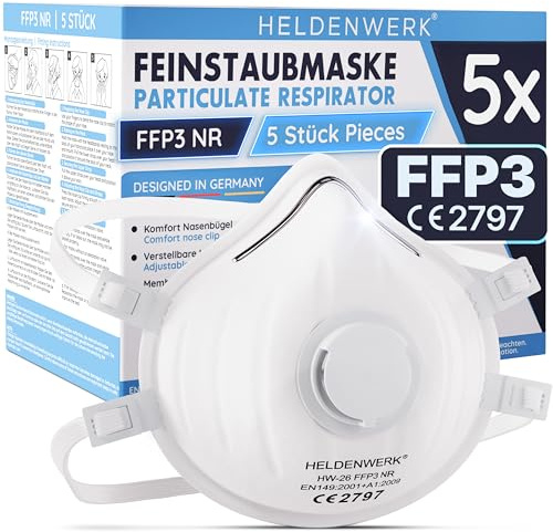 HELDENWERK FFP3 Lot de 5, 10 ou 20 masques avec valve, masque respiratoire/anti-poussière certifié valve d'expiration avec sangle réglable à l'arrière de la tête (lot de 5)