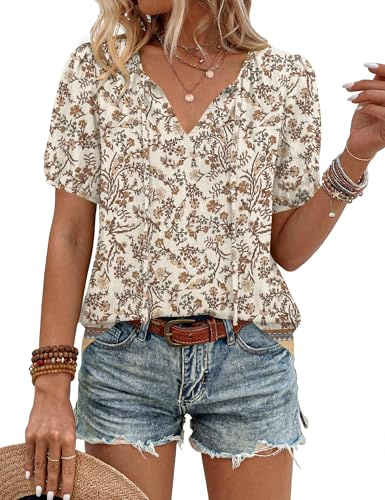 Rapbin Blusas de verano para mujer, estilo bohemio, cuello en V, con lazo frontal, manga corta, estilo casual, holgada, tipo túnica, Marrón, XL