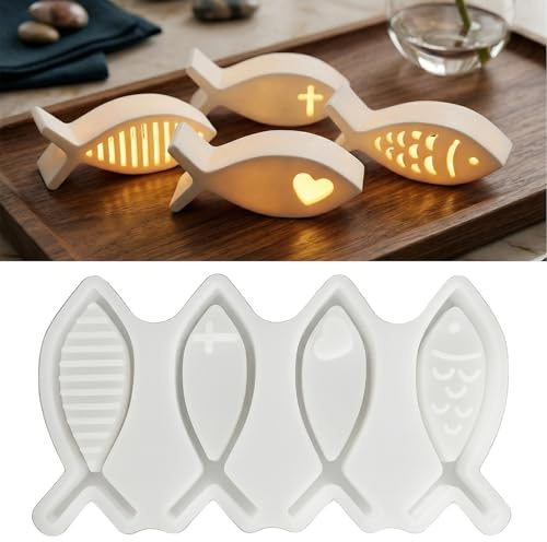 SLIAXINT 4 Stück Fisch Silikonform Set, Silikon-Kerzenständerform, Kerzenhalter Gießform Silikon für Kerzen Gießen, Epoxidharz & Seife, Fisch Symbol für Kommunion Deko, Taufe, DIY Nachtlichtdekoration