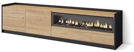 Skraut Home | Mueble TV | Muebles de salón, almacenaje | 207x50x37 cm | para televisión hasta 80 | Chimenea eléctrica | Estilo Moderno | Roble y Negro