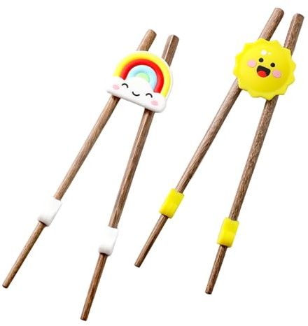 2 Pairs Wooden Chopsticks, Reusable Training Chopsticks, Natural Chicken Wing Wood Chop Sticks with Sun and Cute Patterns, Easy to Use Chopsticks