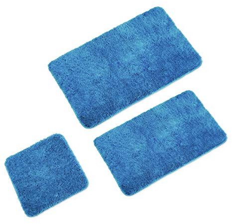 WohnDirect Tappeti Bagno Azzurro Set 3 • Tre tappetini da Bagno 45x45-50x80-60x100cm • Antiscivolo + Lavabile • tappeti Bagno 3 Pezzi