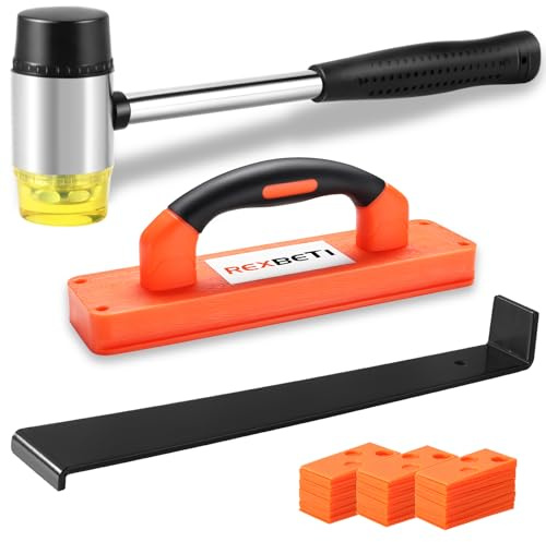 REXBETI 43-Piece Laminate Wood Flooring Installation Kit with 40 Spacers, Tapping Block, Heavy Duty Pull Bar and Diameter 1 3/8 High-Strength Fiberglass Handle Mallet, Non Slip Soft Grip | Double-faced Mallet/Steel Pull Bar/Tapping Block with Handle/40 Spacers, Laminate Flooring/Vinyl Plank Flooring Installation