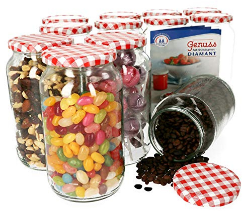 MamboCat 12er Set Einmachglas 1062 ml I Rundgläser Einkochgläser mit Schraubdeckel I Twist Off to 82 I Aufbewahrungsgläser mit Deckel Rot Weiß Kariert I inkl. Rezeptheft