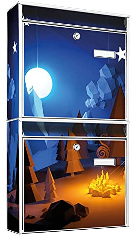 banjado Briefkastenanlage 2 Fach - 2 Briefkästen 36x64x10cm groß - Doppelbriefkasten Set - Namensschild, 2 Schlüssel, Montagematerial - Stahl verzinkt weiß - Motiv Camping 2