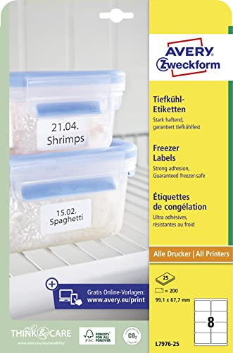 AVERY Zweckform L7976-25 frysetiketter (200 klistermärken, 99,1 x 67,7 mm på A4, självhäftande, temperaturbeständiga och fryssäkra självhäftande etiketter för frys, tryckbar) 25 ark, vit