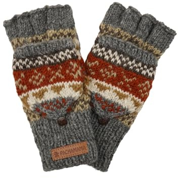 Dam ull fingerlösa handske vantar handstickade Fair Isle flerfärgad en storlek handgjord extra varm Pachamama Fair Trade, Grå, en storlek