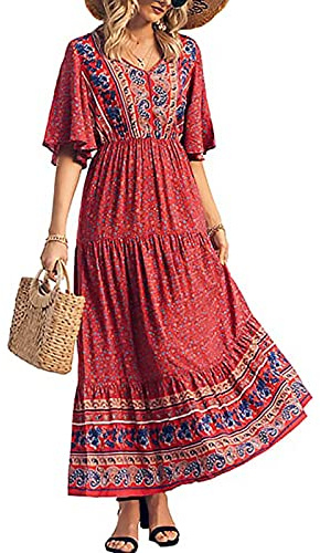 Women's Summer Casual Maxi Dress Bohemian Floral V Neck Puff Short Sleeve Ethnic Style Beach Tiered Sundress Long Swing Dress (Red, Medium)