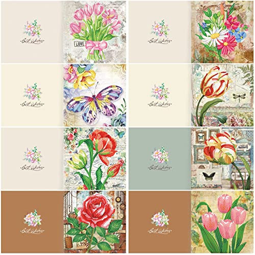 Sarah Duke Diamond Painting Grußkarten, 8 Stück Frühling Blumen Muster Grußkarten, DIY Diamant Stickerei Kunst Karten, Grußkarte Geschenk für Muttertag Thanksgiving