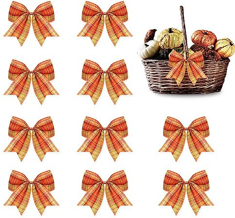 Hying 10PCS Fall Bows for Wreath, Linen Plaid Orange Harvest Wreath Bows for Thanksgiving Décor, Thanksgiving Bows for Front Door Indoor Outdoor Wall Tree Topper Autumn Decoration Supplies Ornament