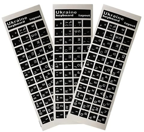 3 Stück Ukrainische Tastaturaufkleber für PC Laptop - Schwarz/Transparent, Hintergrund Weiß/Blau, rote Buchstaben - Universal für Laptop