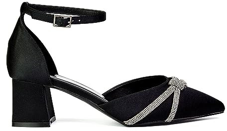 Womens Wedding Shoes Block Low Heel Ladies Ankle Strap Pointed Toe Sparkly Diamante Trim Black Bridal Evening Party Court Shoes 6
