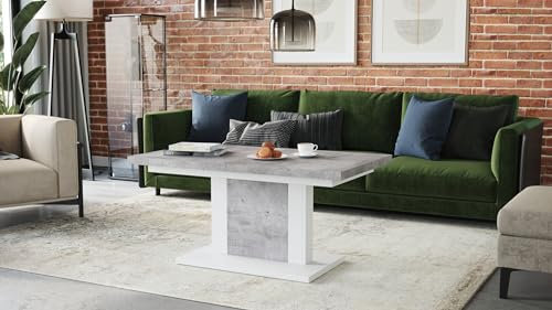 Design Couchtisch Tisch Orion stufenlos höhenverstellbar ausziehbar 120 bis 180cm Esstisch, Farbe:Beton - Weiß matt