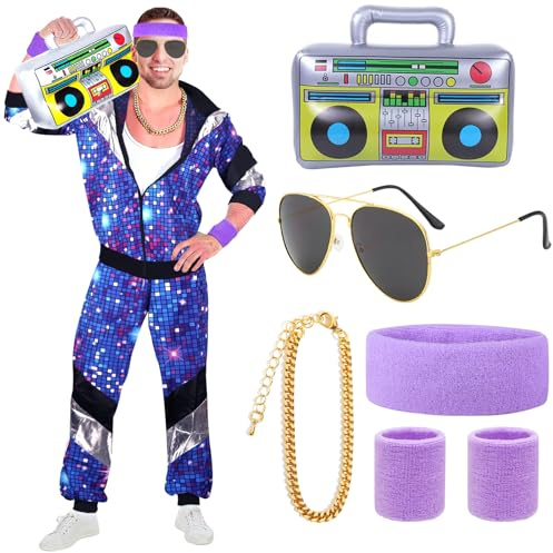 BITOWO 90er 80er Jahre Outfit Herren Damen Mottoparty 80er Trainingsanzug Retro Jogginganzug Accessoire 80er Jahre Kostüm Herren Damen Karneval 80er Jahre Kleidung Disco Herren Damen für Fasching XL