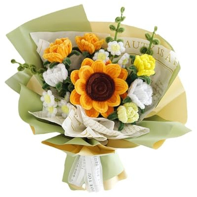 Fonowx Bouquet de Fleurs artificielles en Peluche au Crochet, Fait à la Main, Bouquet tricoté Robuste, décoration de Maison, DIY, Tournesol