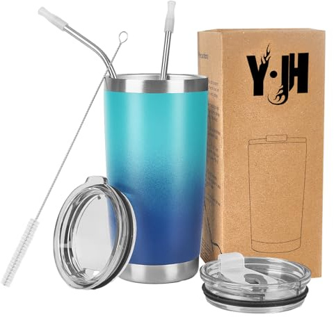Y·J&H resebehållare med dubbla väggar, vakuumisolerad kaffemugg i rostfritt stål med 2 stänksäkra lock, 2 sugrör och gratis rengöringsborste, BPA-fri