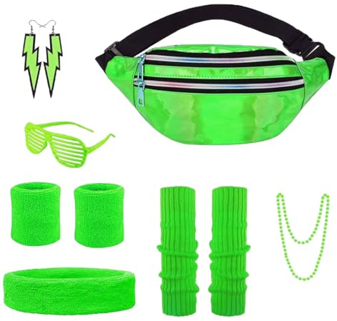 UQTUKO 80er 90er Jahre Outfit Damen, 80er Jahre Kostüm Damen Party Kleidung Accessoires mit Neon Stirnband Armbänder Beinwärmer Bauchtasche Brille Ohrring für Mottoparty Fasching Karneval