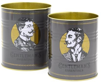 Carousel Home Set of 2 Decorative Gentleman's Essentials Tin Cans | 2 Piece Grey Retro Metal Storage Tin Set | Vintage Style Metal Display Cans