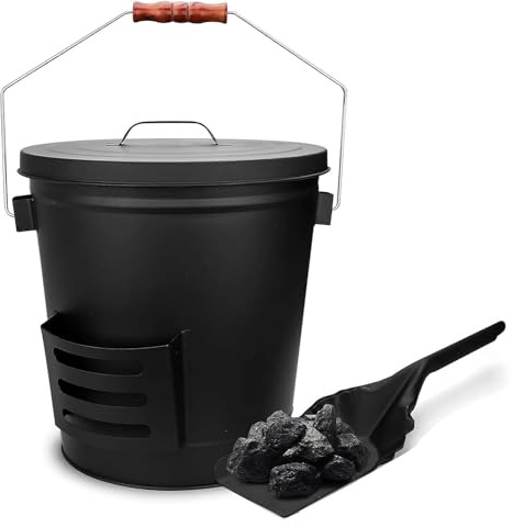 Easy Shopping® Black Coal Bucket with Lid and Shovel Ash Coal scuttle with Shovel Holder Fireplace, Carrier Container, Fireside Fuel Can, Wood Burning Holder Tools Set Accessories, Indoor and Outdoor