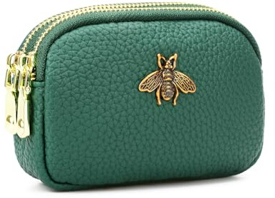 QIUTIMIY Kleine Damen-Geldbörse aus Leder für Bargeld, Mini-Geldbörse, doppelte Reißverschlusstasche mit Schlüsselanhänger (grün)