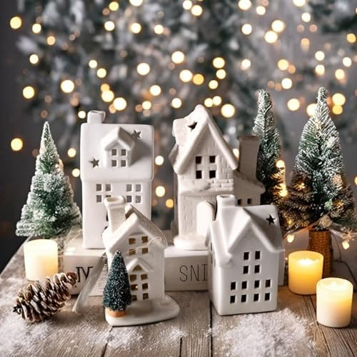 Weihnachtsdeko Weihnachtsdorf Beleuchtet, Porzellan Häuser Weiß Deko Weihnachten Innen Nachtlicht, LED Lichthaus Weihnachten Deko Weihnachtsdorf Häuser Lichthäuser Keramik Weihnachtsdeko Weiß (SET)
