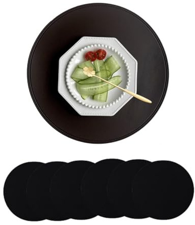Set di tovagliette rotonde in ecopelle, tovagliette rotonde in stile vintage per tavolo da pranzo, spesse, lavabili e impermeabili, resistenti al calore, per cucina, tavolo da pranzo (black, 6pcs)