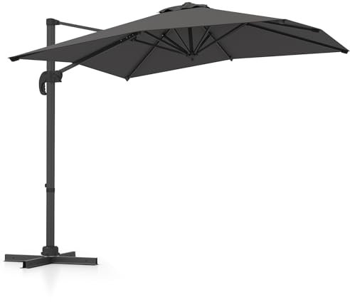 GOPLUS Rechteckiger Sonnenschirm 250 x 250 cm, Ampelschirm mit X-förmigem Sockel, Gartenschirm neigbar, Terrassenschirm mit 360°-Drehung und 5 verstellbaren Neigungswinkeln, für Garten (Grau)