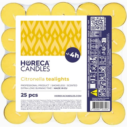 Horeca Candles - Candele Tealight alla Citronella - Set da 25 Candele Profumate - Durata di Combustione 4 Ore - Lumini da Esterno, Balcone, Picnic, Campeggio